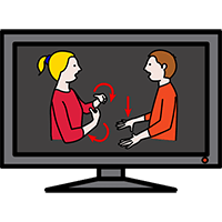 Personas sordas hablando por señas por medio de un televisor