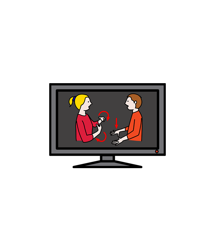 Personas sordas hablando por señas por medio de un televisor